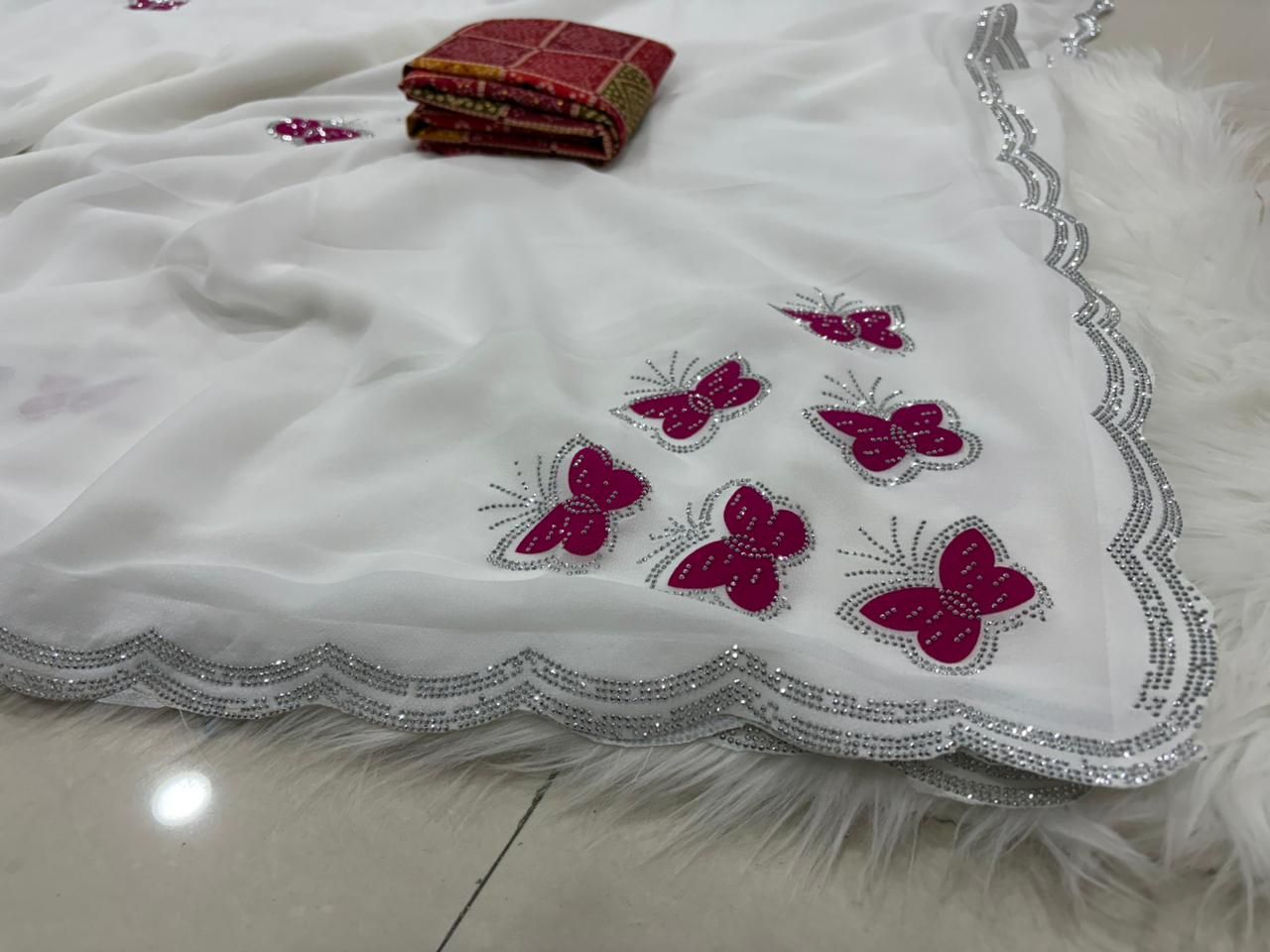 Pink Butterfly Sawan White Saree