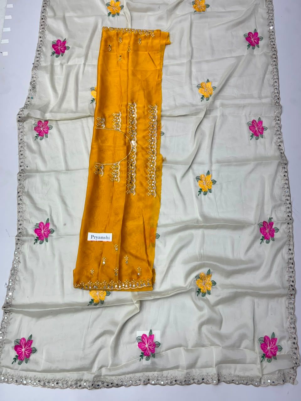 Priyanshi Special Chikoo Saree & Mirror Handwork