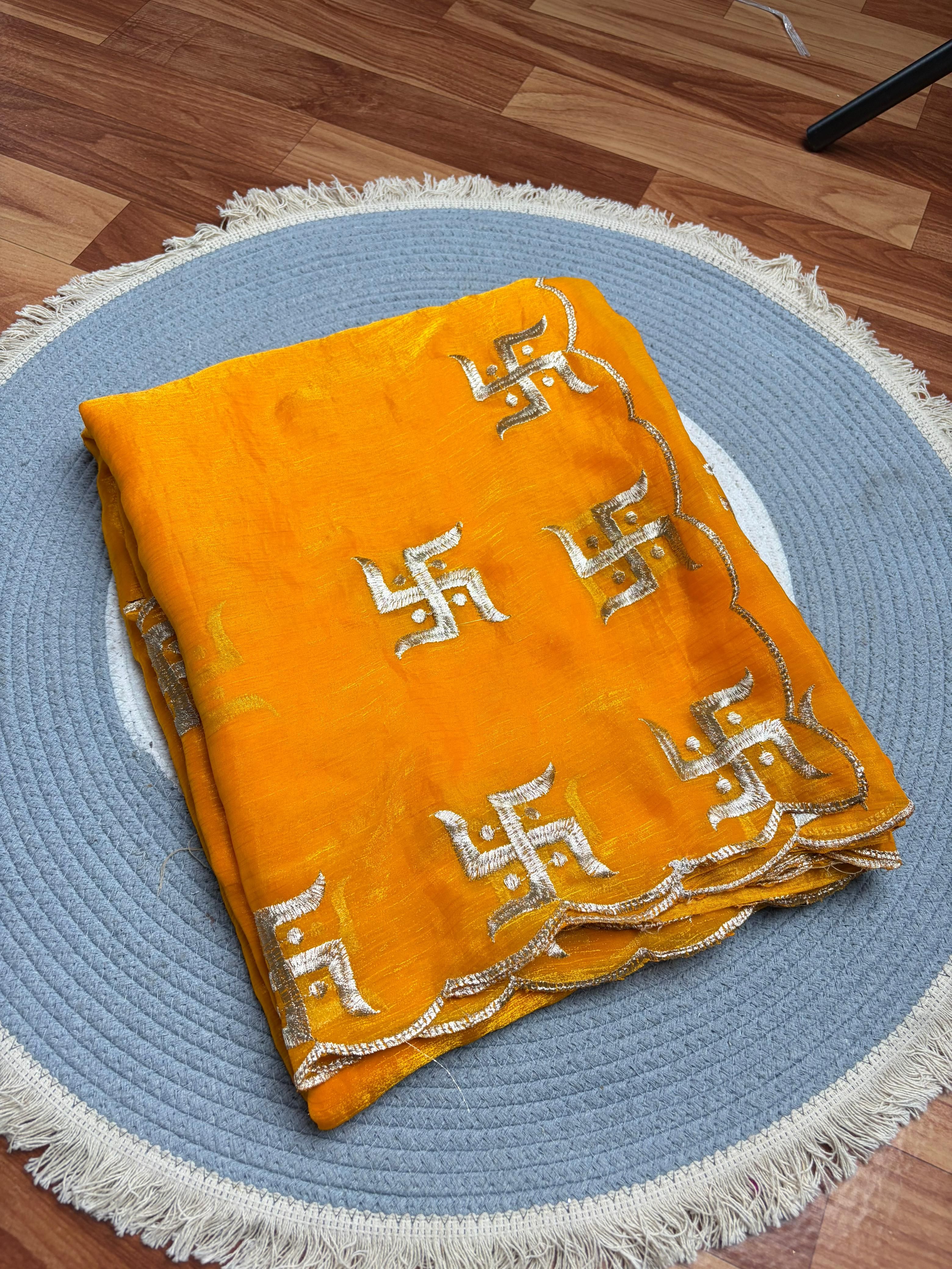 Swastik Special Sawan Yellow And Red Saree
