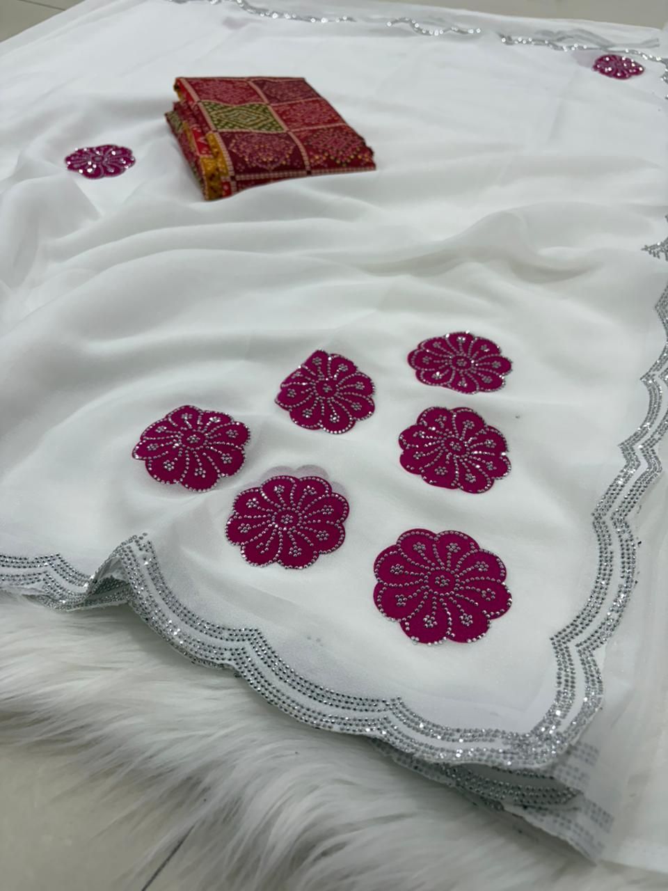 Pink Butterfly Sawan Saree Only White