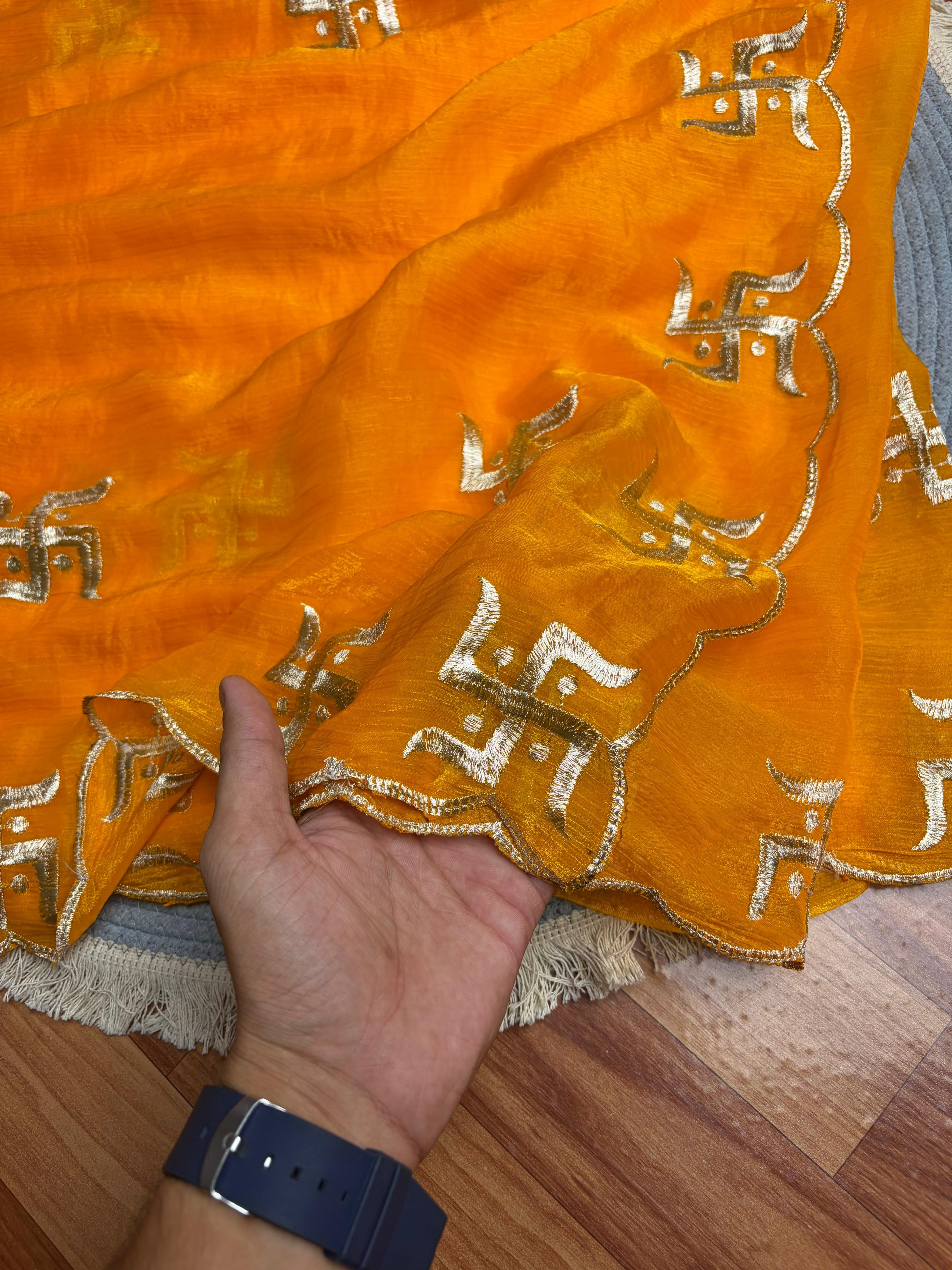 Swastik Special Sawan Yellow And Red Saree