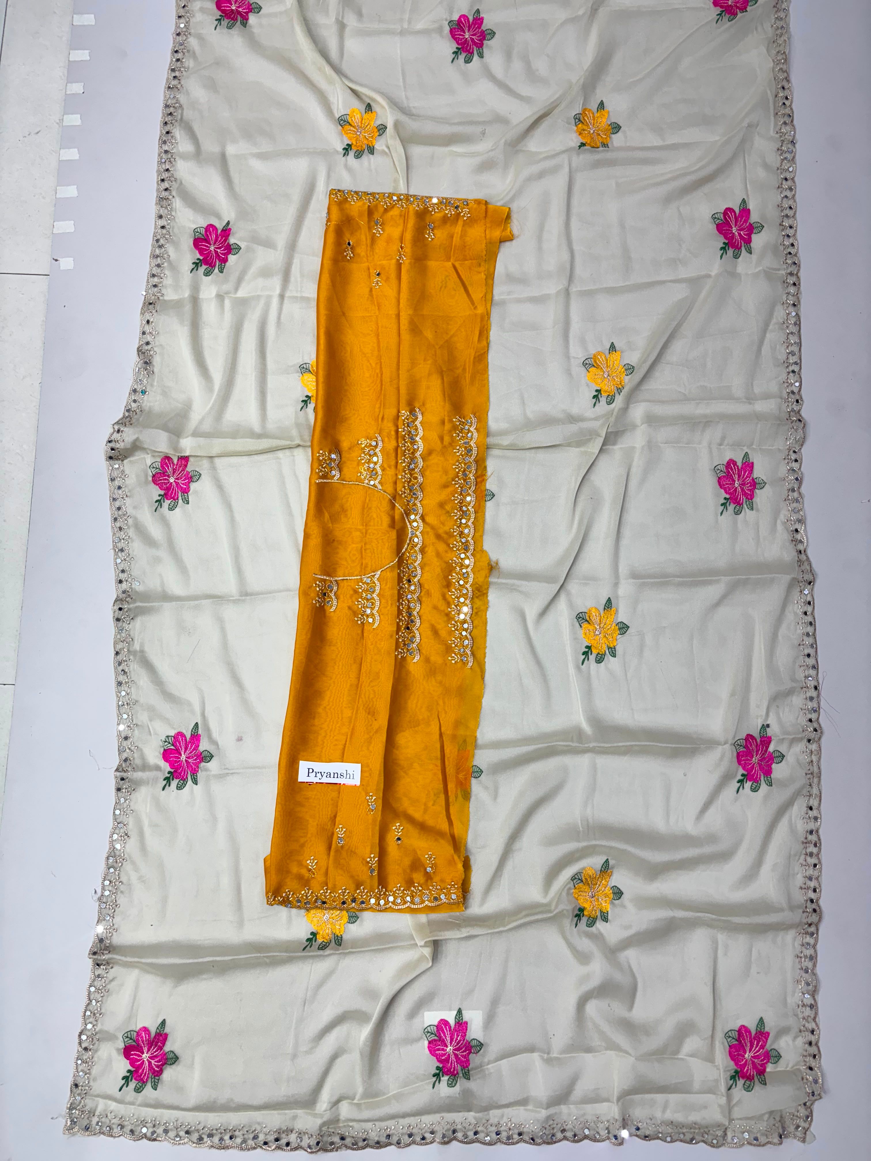 Priyanshi Special Chikoo Saree & Mirror Handwork