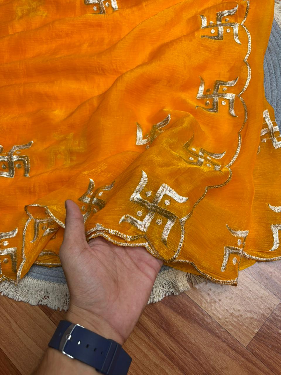 Swastik Special Sawan Yellow And Red Saree