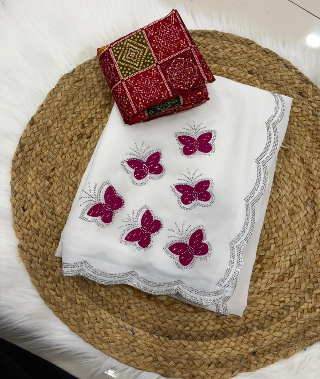 Pink Butterfly Sawan White Saree