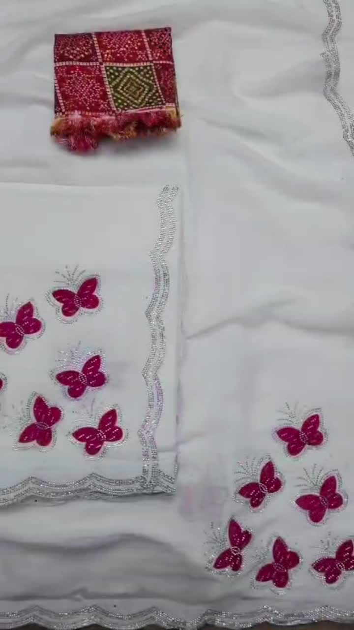 Pink Butterfly Sawan White Saree