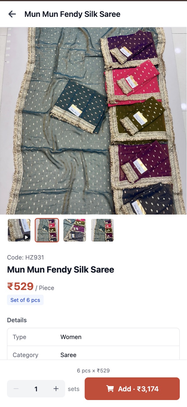 Product detail page showing saree with price and details