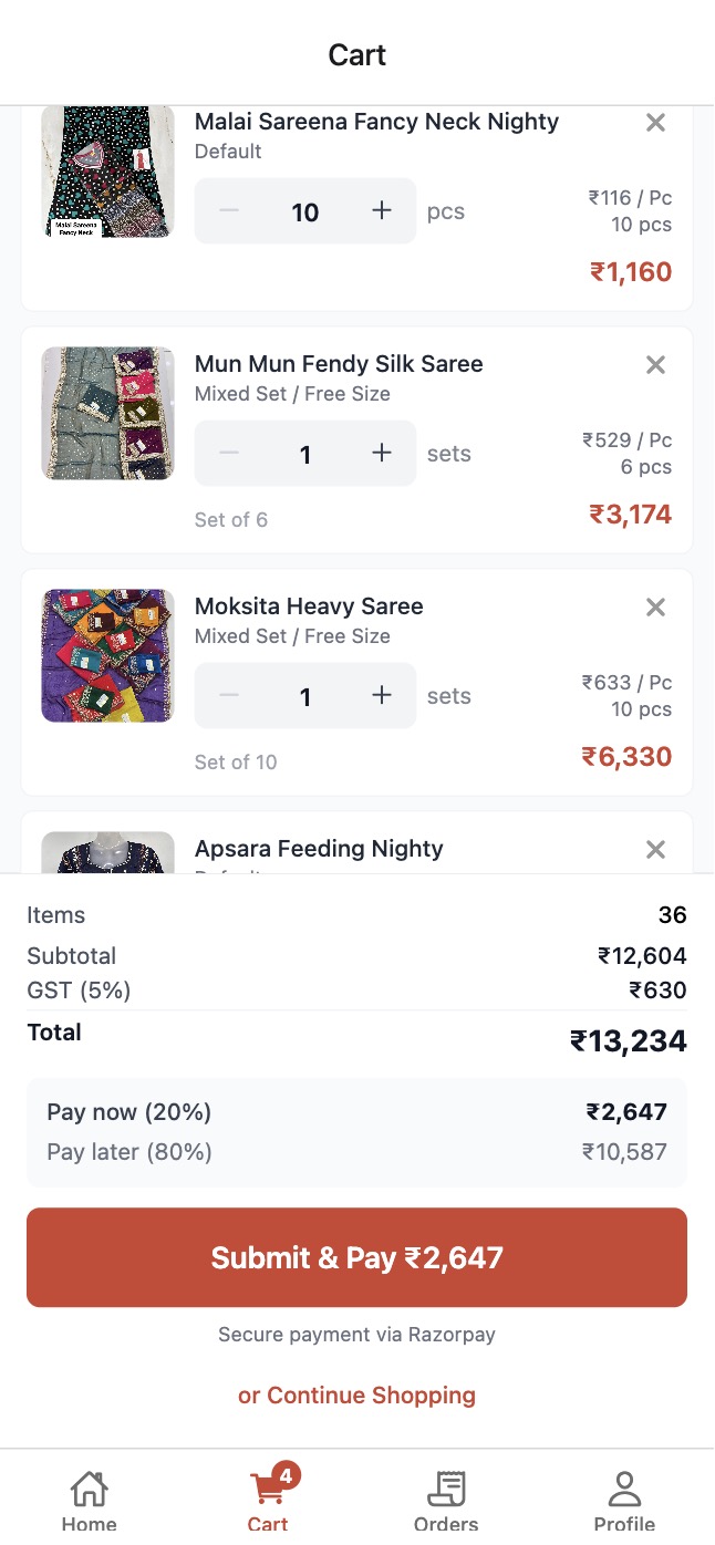 Cart page with items, GST calculation, and payment options