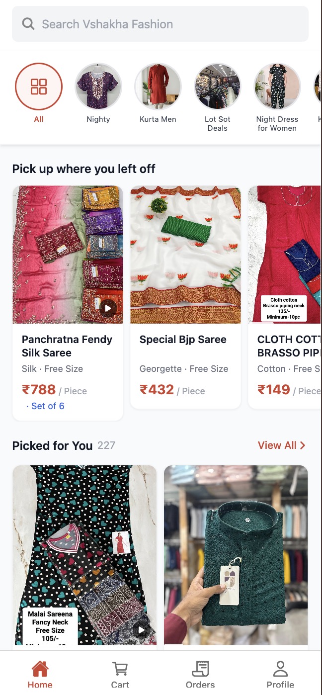 Vshakha Fashion wholesale shopping app showing product catalog