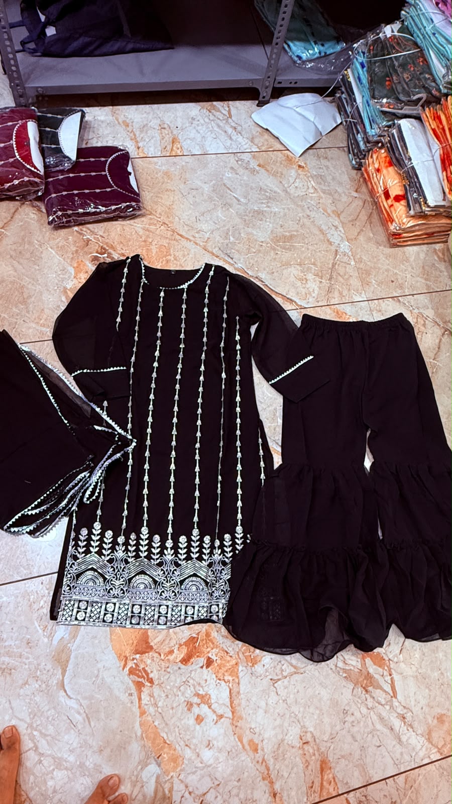 3-Piece Collection Kurti Sharara Dupatta With Lace