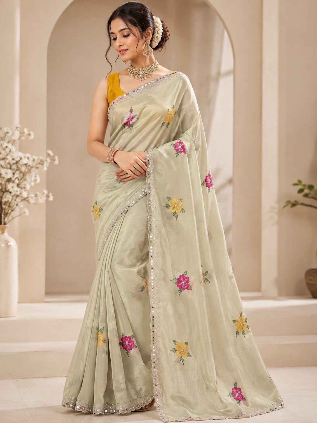 Priyanshi Special Chikoo Saree & Mirror Handwork